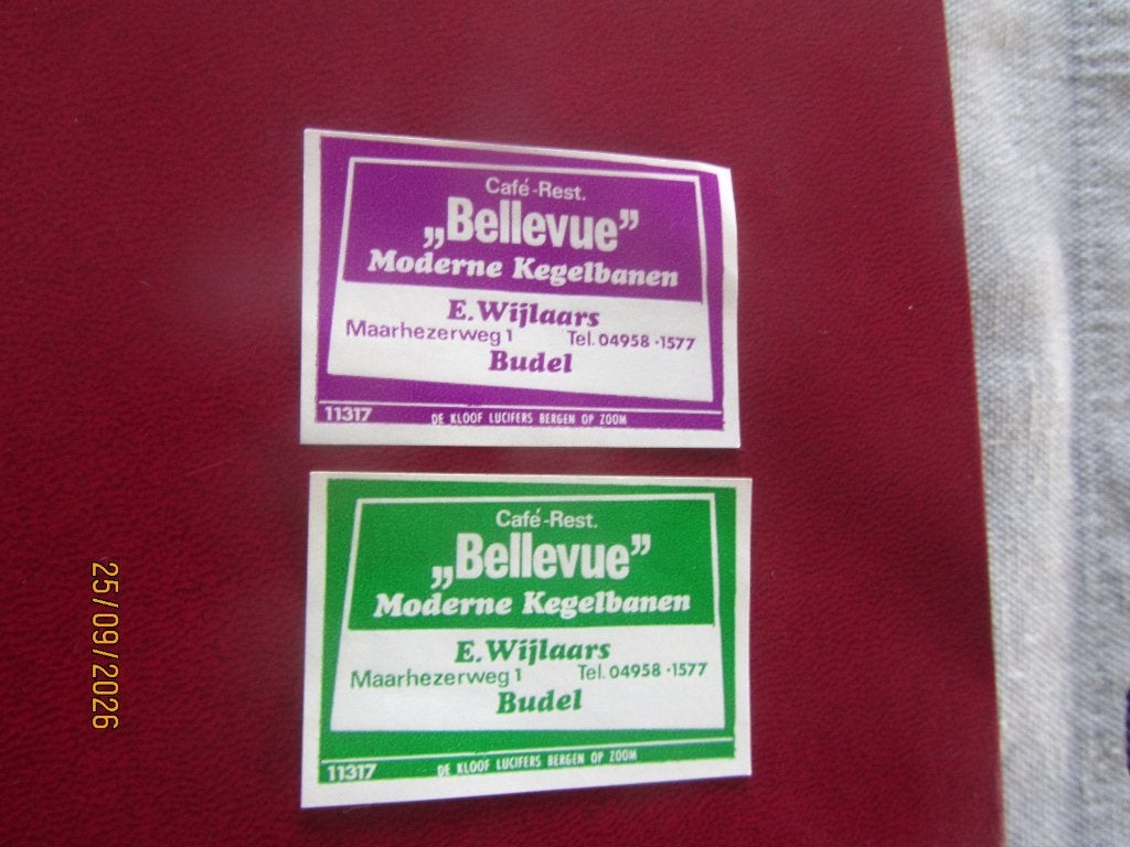 Café Bellevue E Wijlaars  Budel, Ophalen of Verzenden, Zo goed als nieuw, Luciferdoosjes of -merken