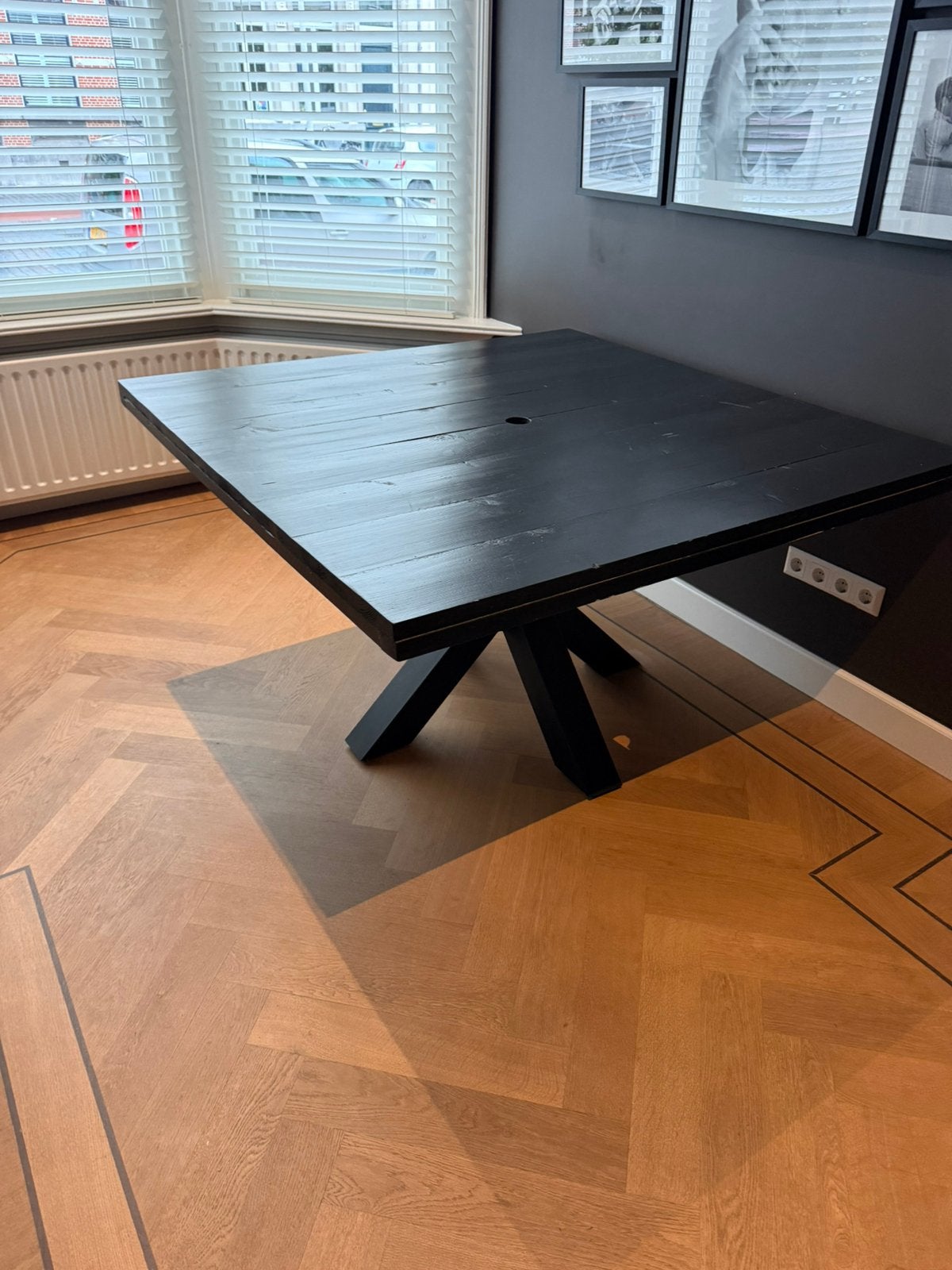 Tafel vierkant hout, stalen poot, Huis en Inrichting, Tafels | Eettafels, Ophalen, Vierkant, 100 tot 150 cm, 50 tot 100 cm