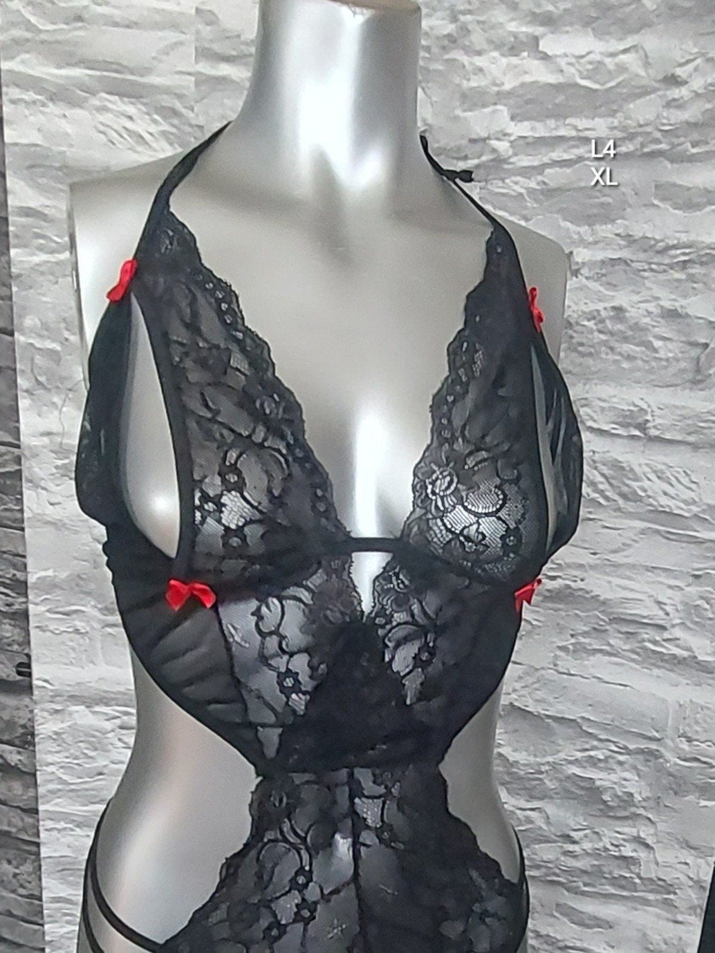 Zwart Kanten Stringbody met Open Cups en Kruis met Strikjes, Onbekend, Ophalen of Verzenden, Zwart, Body of Korset