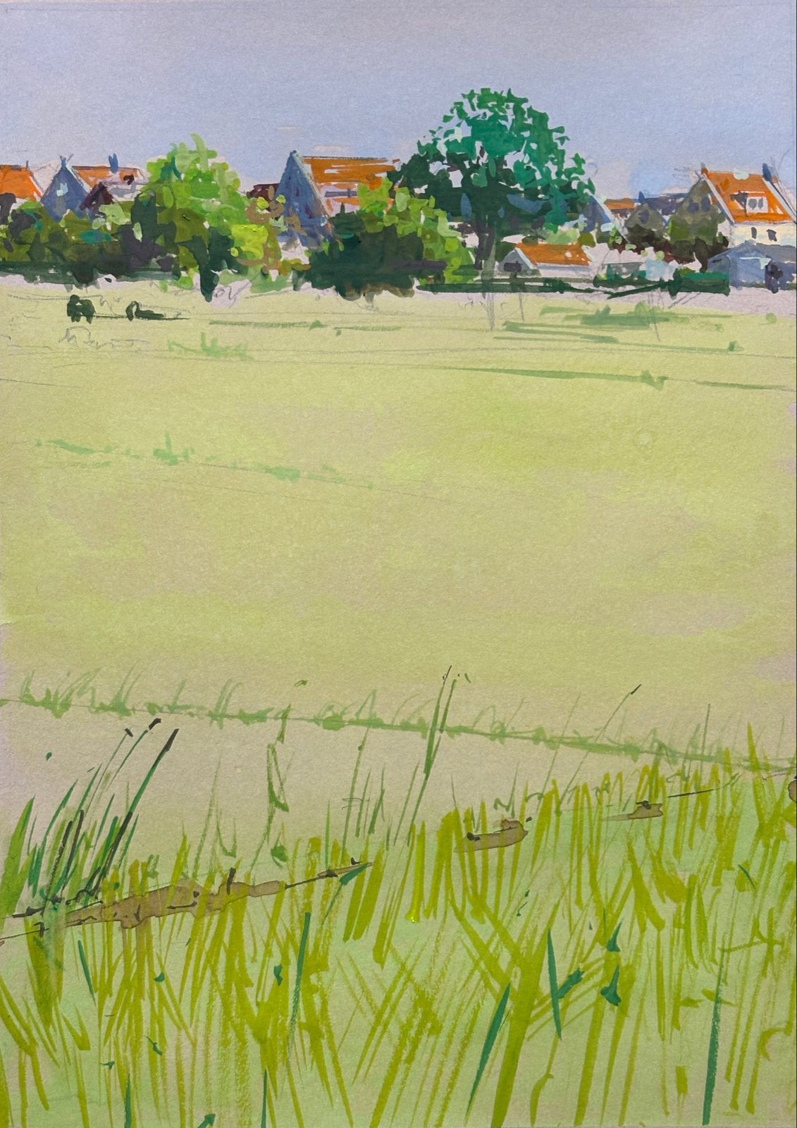 Originele gouache: Zicht op Durgerdam, Antiek en Kunst, Ophalen, Ingelijst, Gouache, Stads- / dorpsgezicht