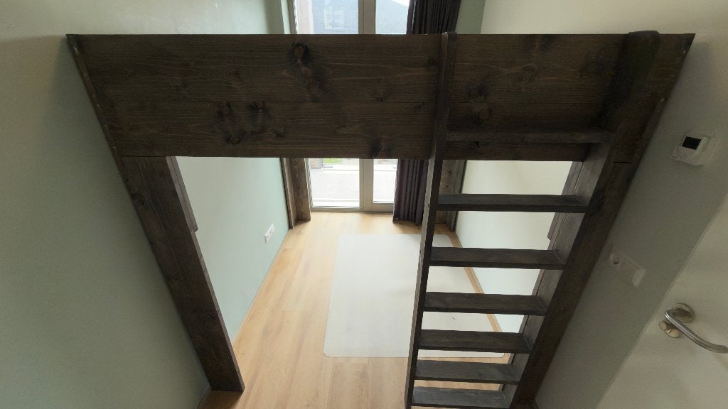 Loft bed steigerhout 180x200, Ophalen, Zwart, Steigerhout, Tweepersoons