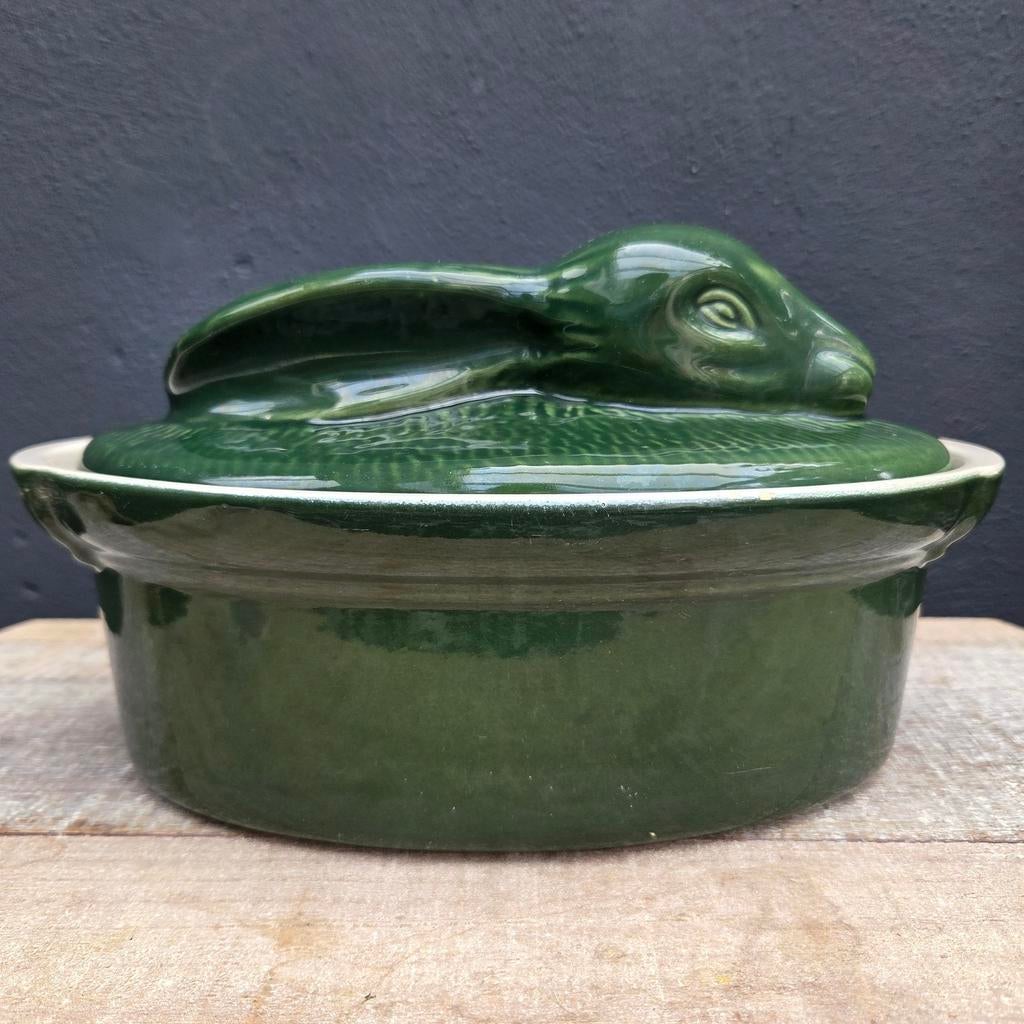 Grote Brocante Franse Keramische Ovenschaal Konijn, Antiek en Kunst, Curiosa en Brocante, Ophalen of Verzenden