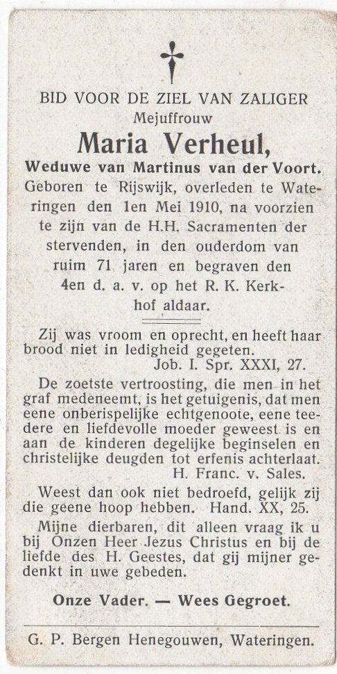 Maria Verheul 1839 Rijswijk + 1910 Wateringen, 71 jaar oud, Verzenden