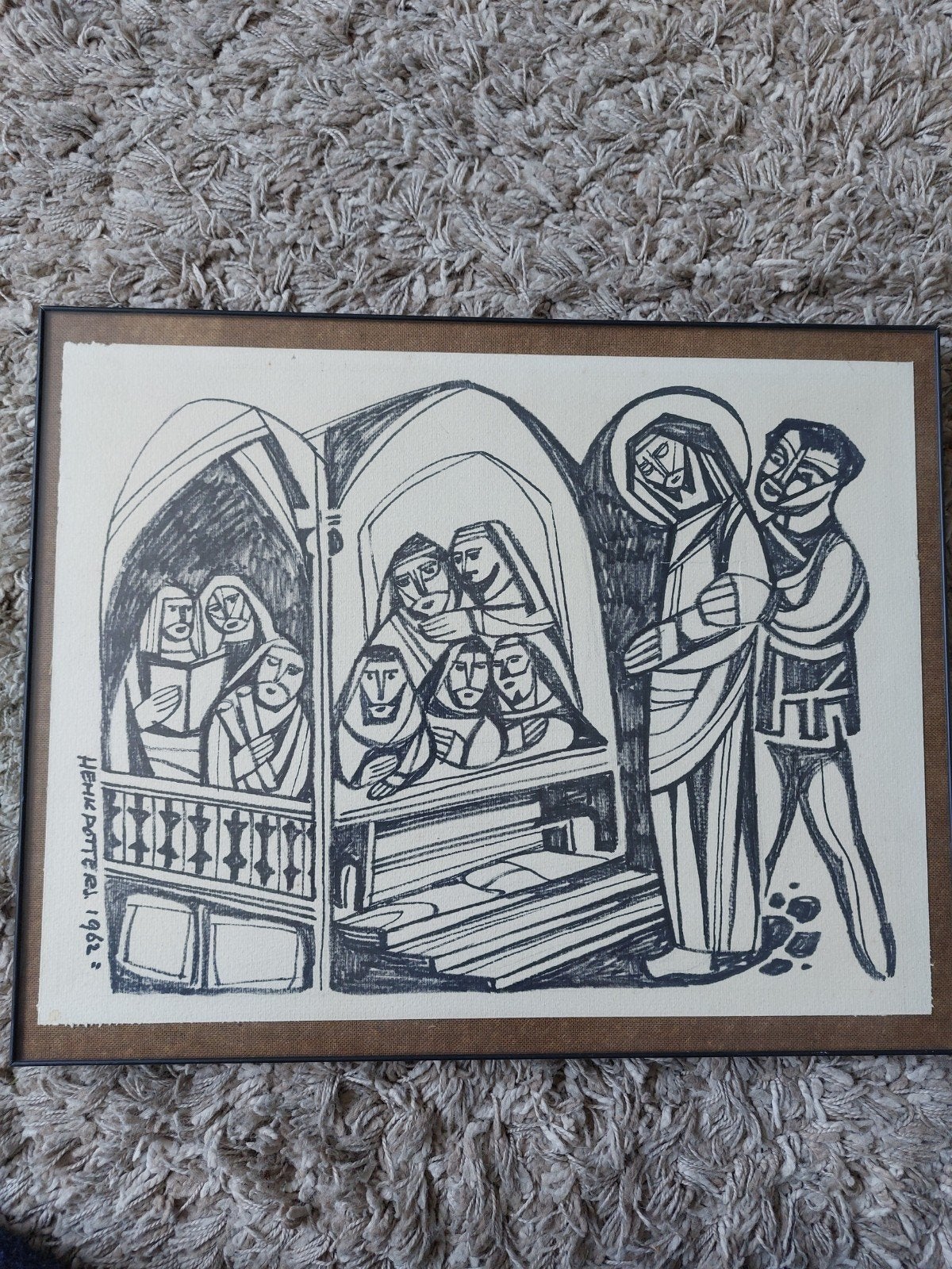 Henk Potters - Religieuze scène - Tekening/Prent 1962, Ophalen of Verzenden, Tekening, Pentekening, Ingelijst