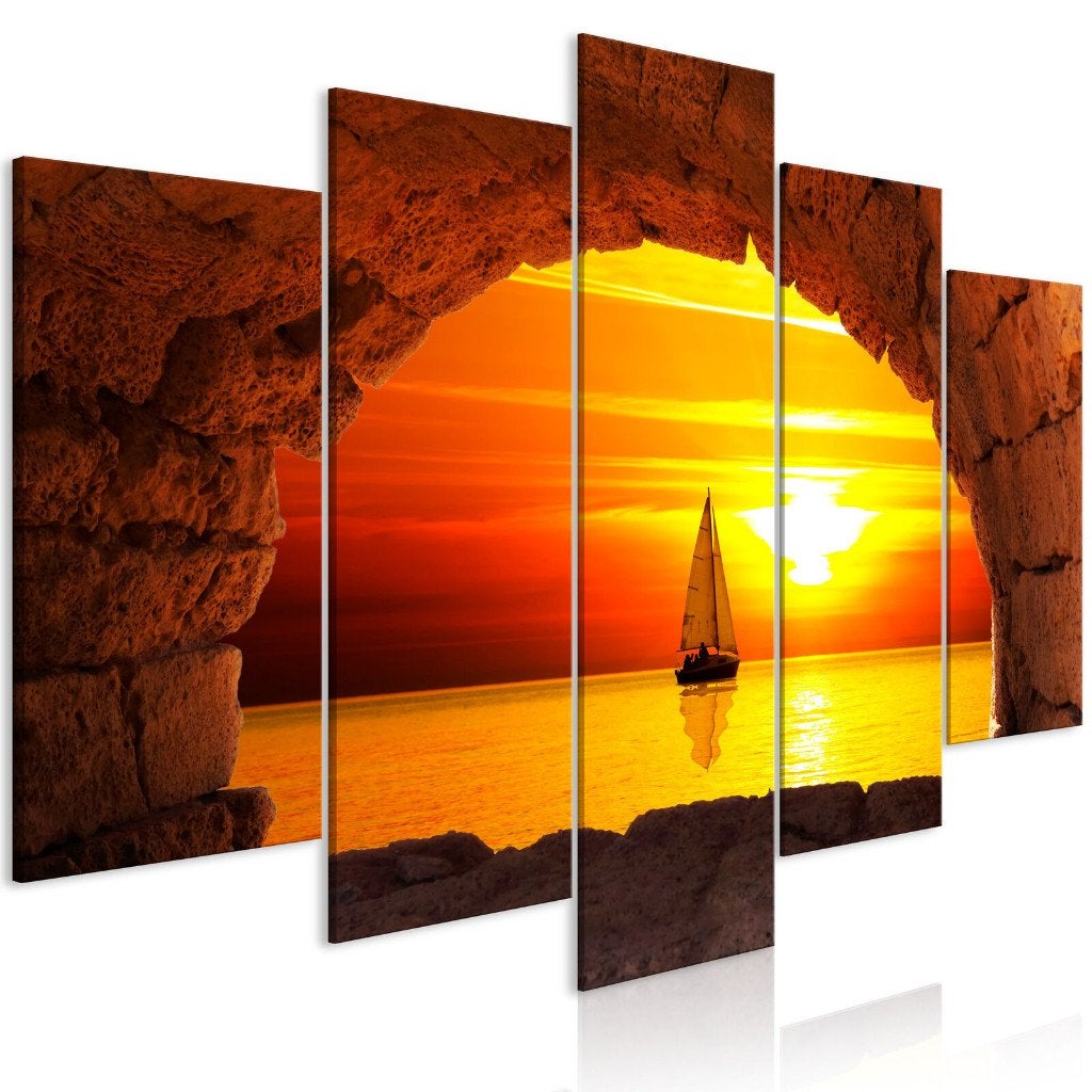 961 Zeilboot Zonsondergang 5 Luik Schilderij 200x100cm XXL, Ophalen of Verzenden, Landschap