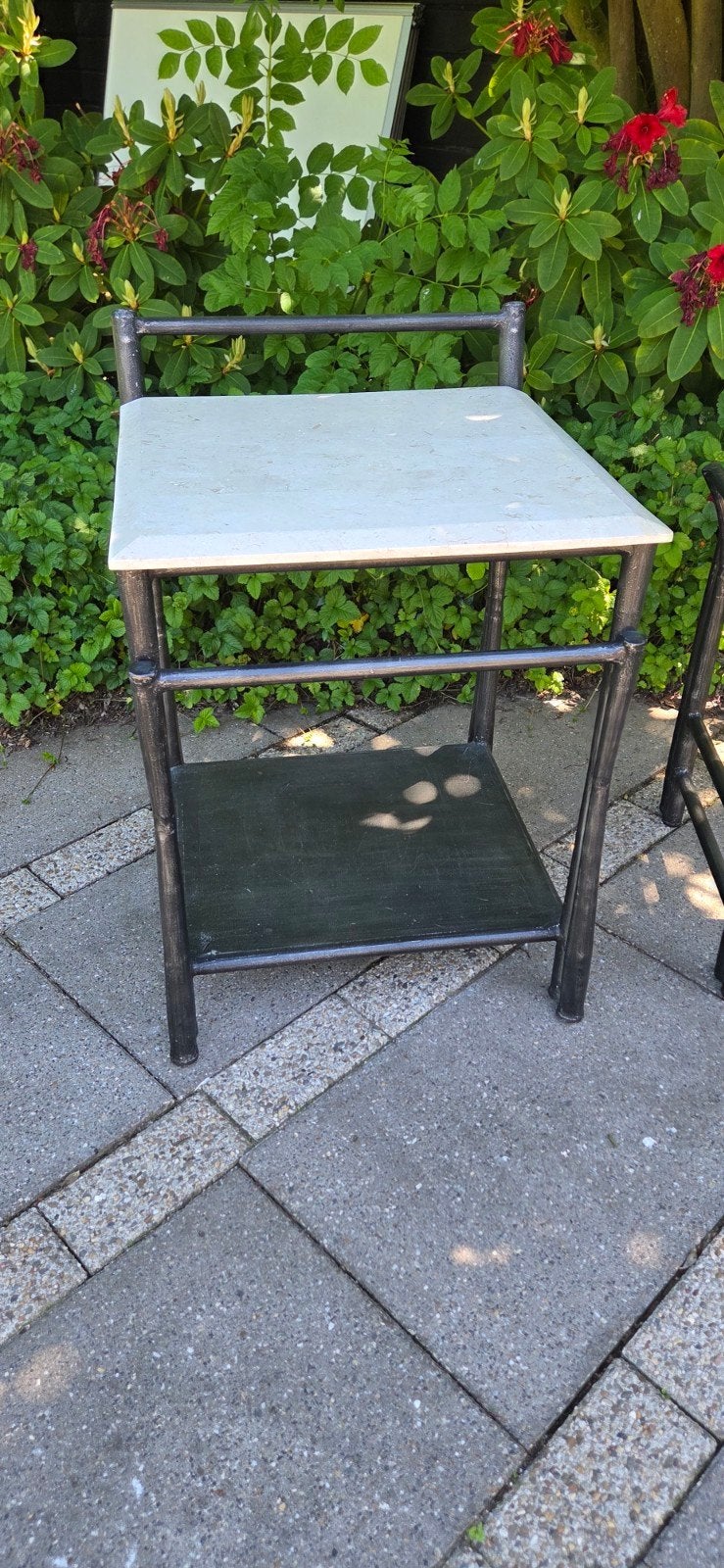2 bijzettafels marmer + smeedijzeren look/antieke patina, Ophalen, 50 tot 100 cm, Rond, Metaal