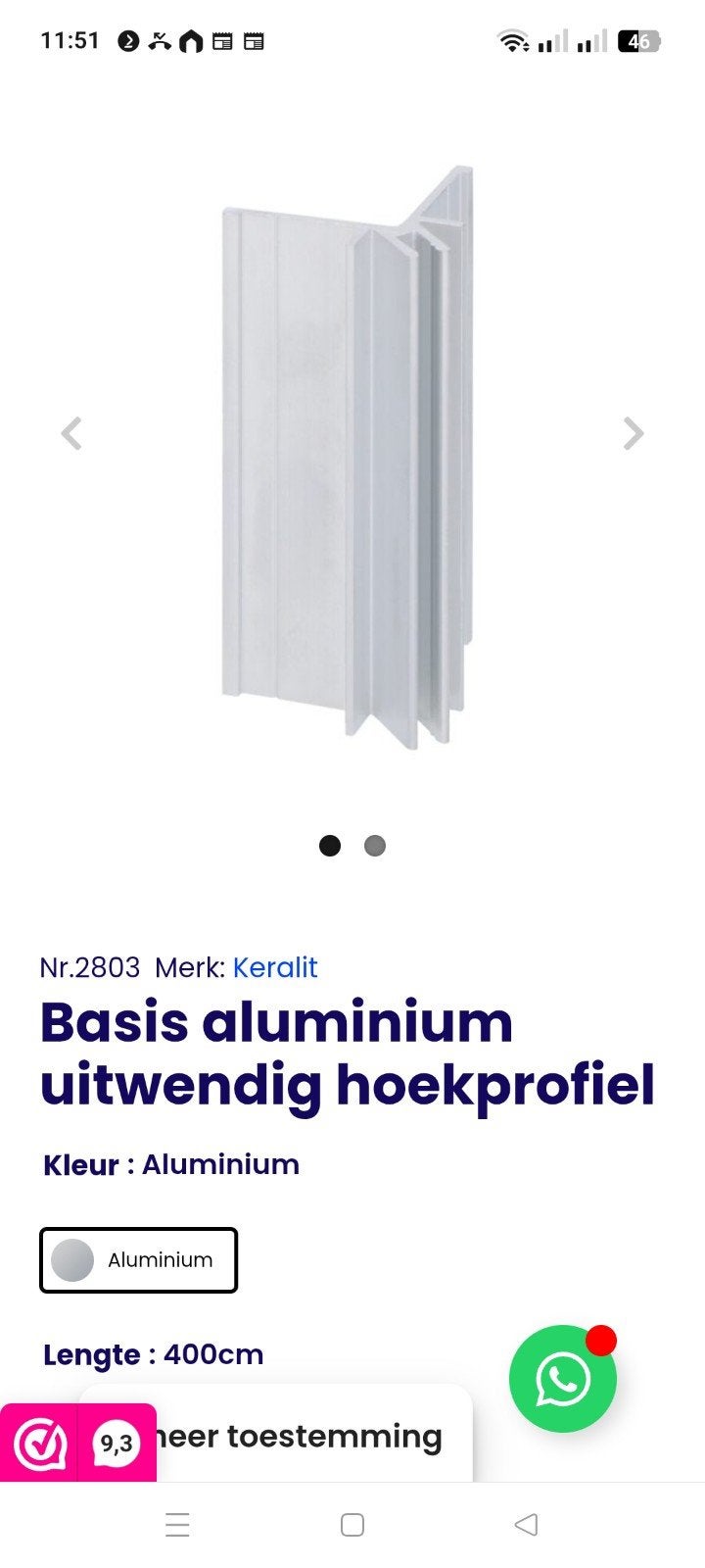 2 lengtes nieuwe aluminium uitwendig basis hoekprofiel, Ophalen, Nieuw, 250 mm of meer