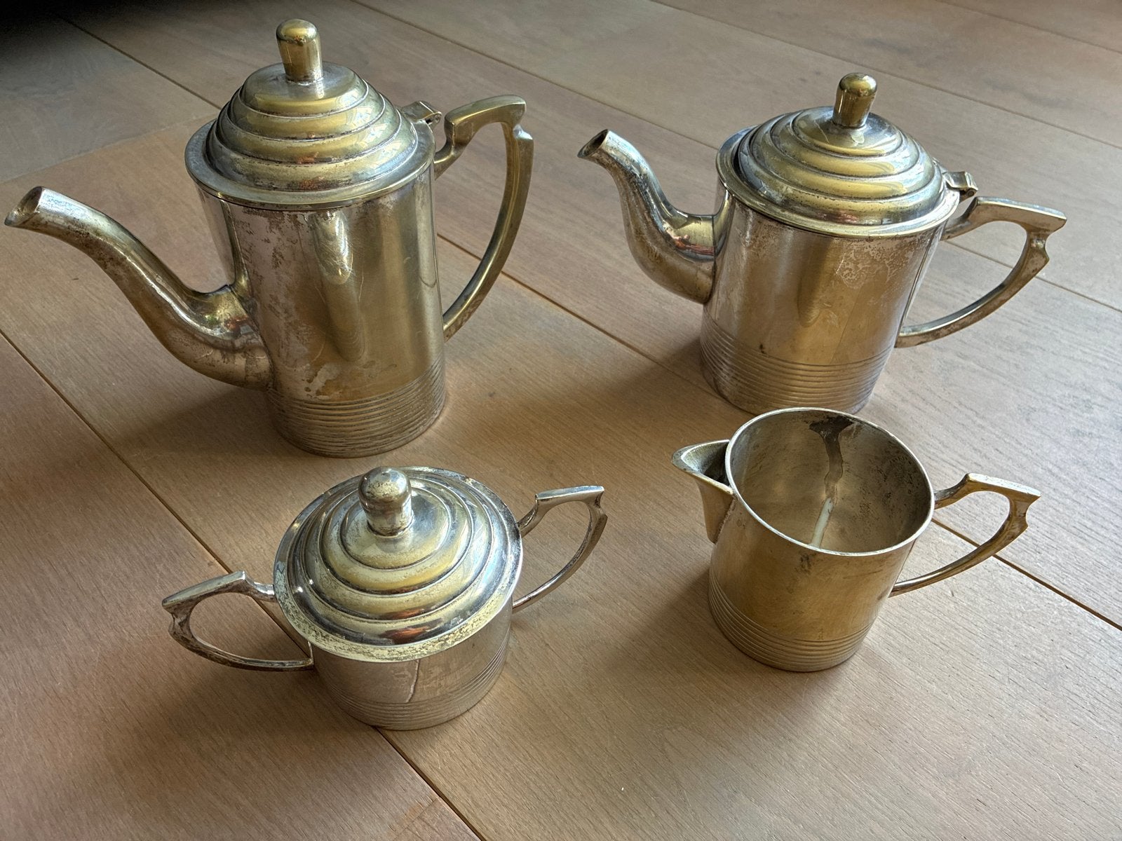 Antiek verzilverd koffie- en theeservies (4-delig), Antiek en Kunst, Ophalen of Verzenden