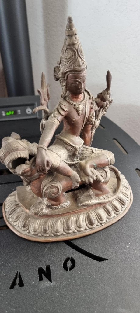 Bronze Beeldje van Simhanada Lokeshvara met drietand, Ophalen of Verzenden, Brons