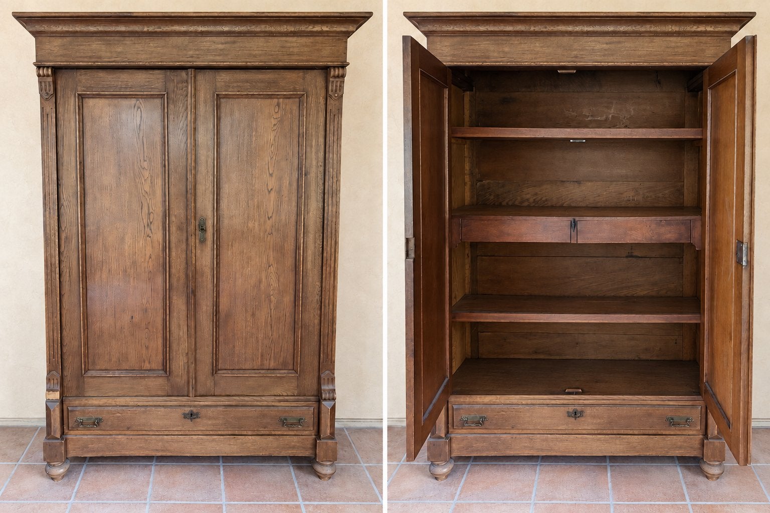 Karaktervolle houten linnenkast met sierdetails en laden, Ophalen