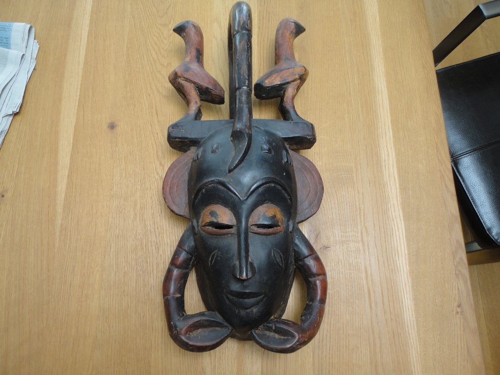 Uniek Afrikaans Masker met Vogels - Handgesneden Hout, Hout, 40 cm, Bruin, Afrika