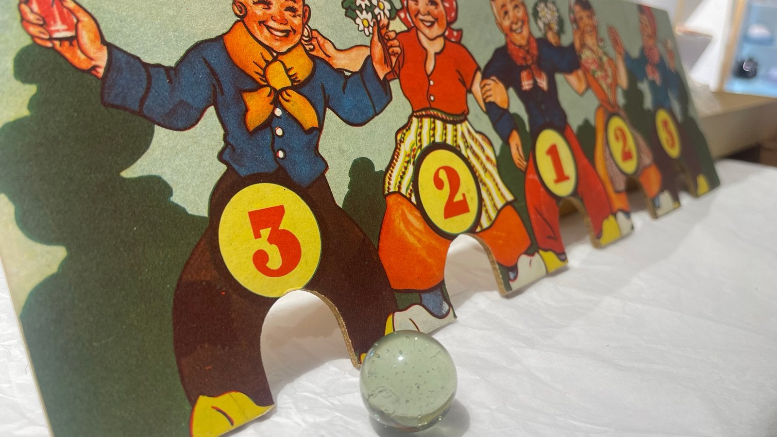 Vintage Knikkerspel IKWIN (1930-1950) met 13 glazen knikkers, Ophalen, Gebruikt, Jongen of Meisje