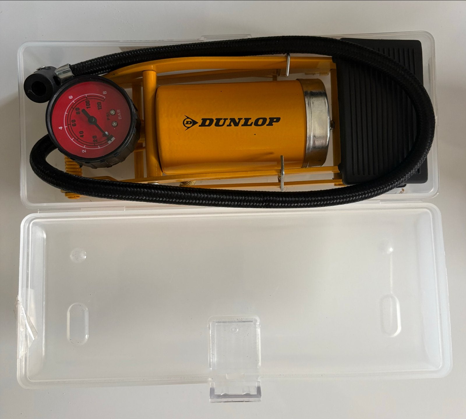 Dunlop Voetpomp met manometer en diverse ventielen, Verzenden, Drukmeter, Zo goed als nieuw