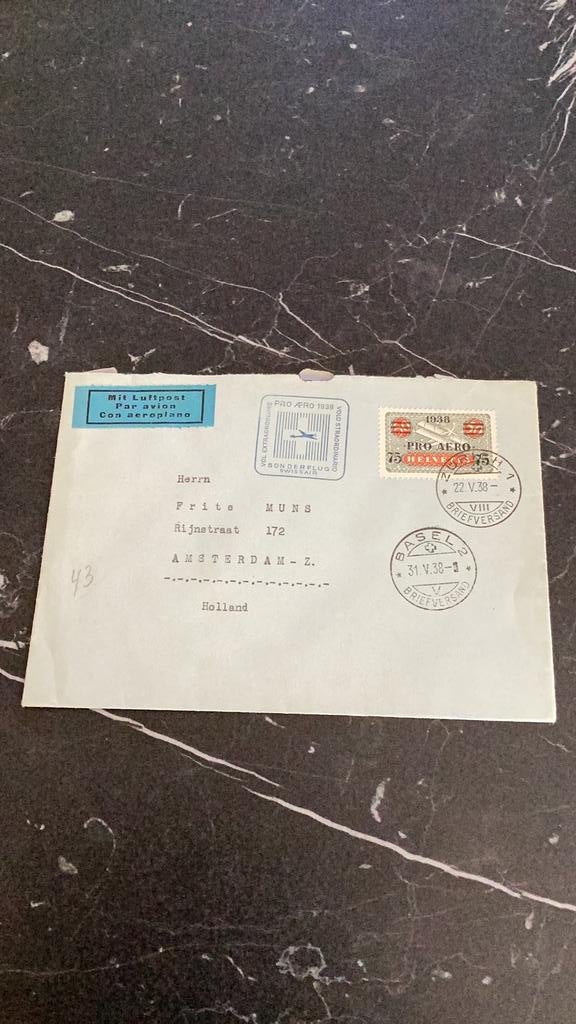 Luchtpost enveloppe Zwitserland 1938, Ophalen, Envelop