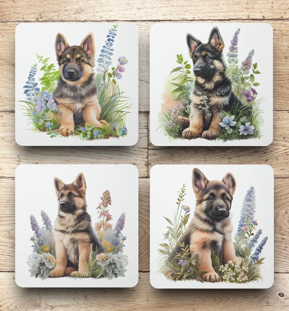Duitse Herder puppy Aquarel onderzetters met houder, Huis en Inrichting, Ophalen of Verzenden, Nieuw