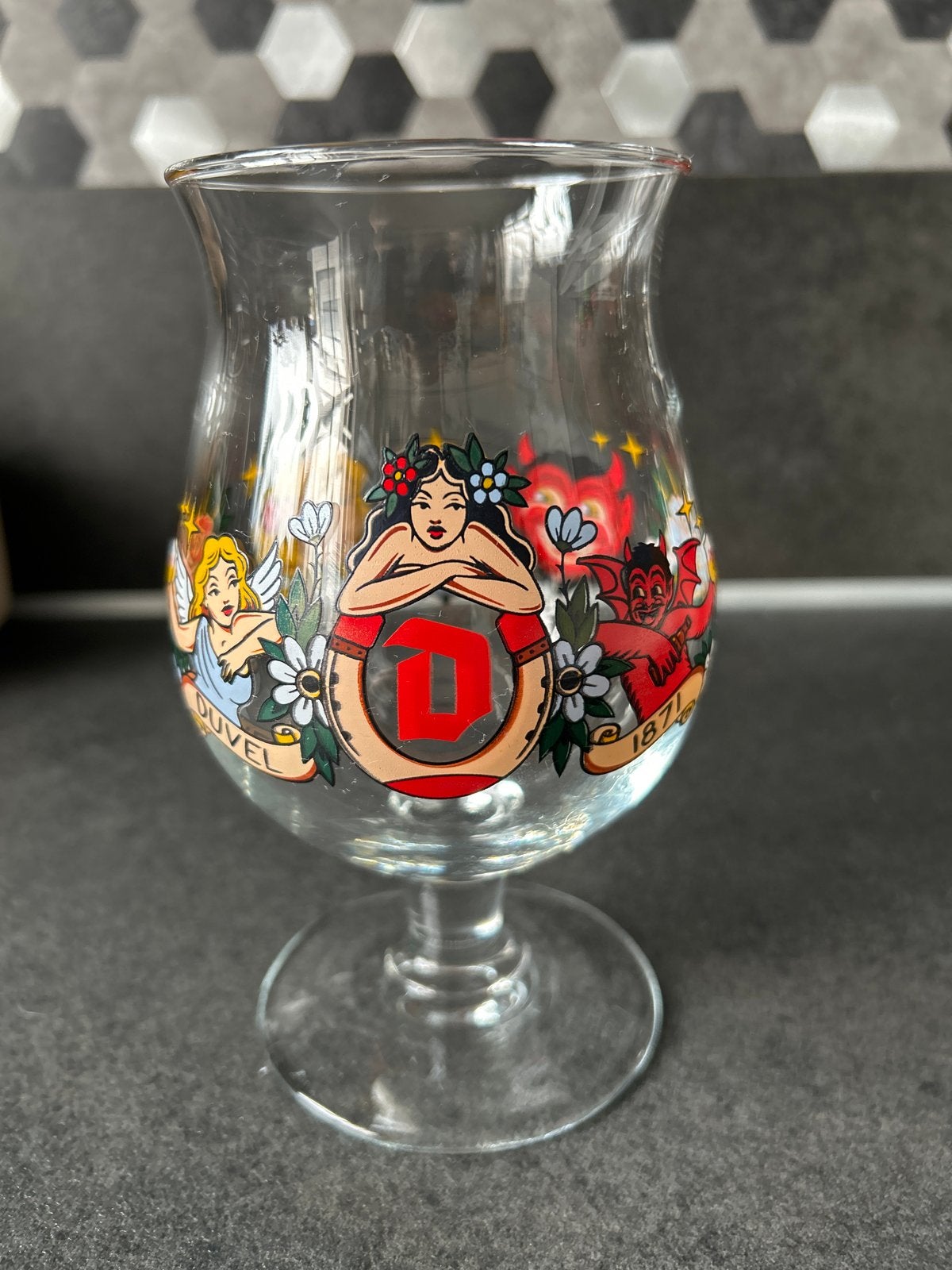 Duvel bierglas M. Schiffmacher Tattoo Art, Ophalen of Verzenden