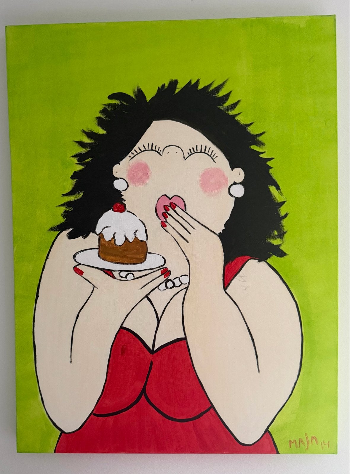 Vrolijk schilderij van vrouw met cupcake - Maja '14, Ophalen, Gesigneerd, Textiel, Figuren