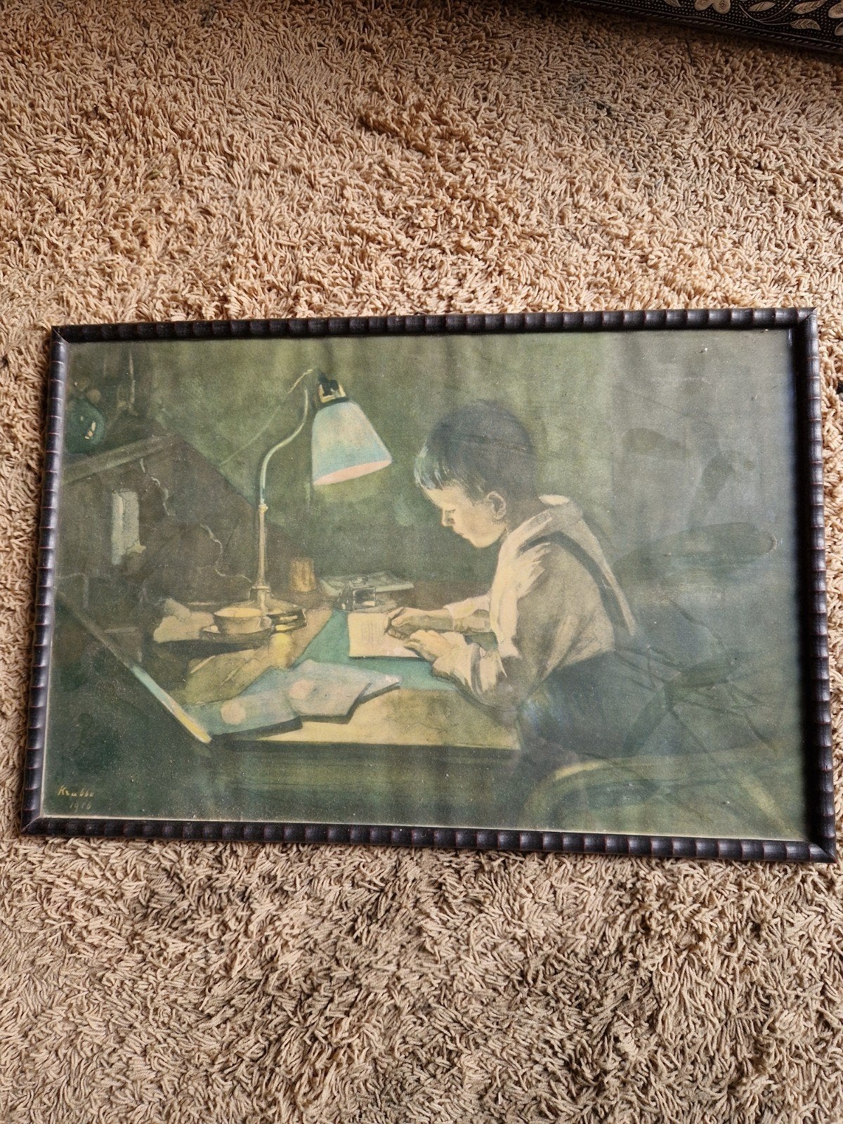 Vintage Schilderij 'Jongen aan Bureau' gesigneed Krabbe 1916, Ophalen, Doek, Portret of Personen, Gedateerd