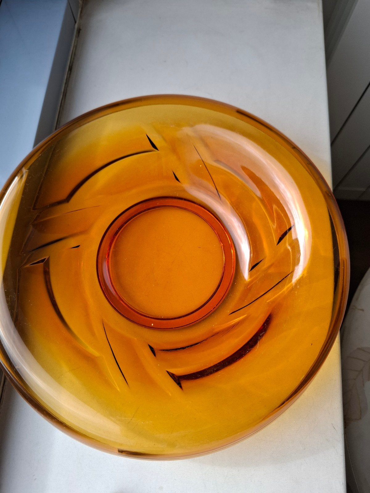 vintage amberkleurige glazen persglas schaal, Ophalen of Verzenden