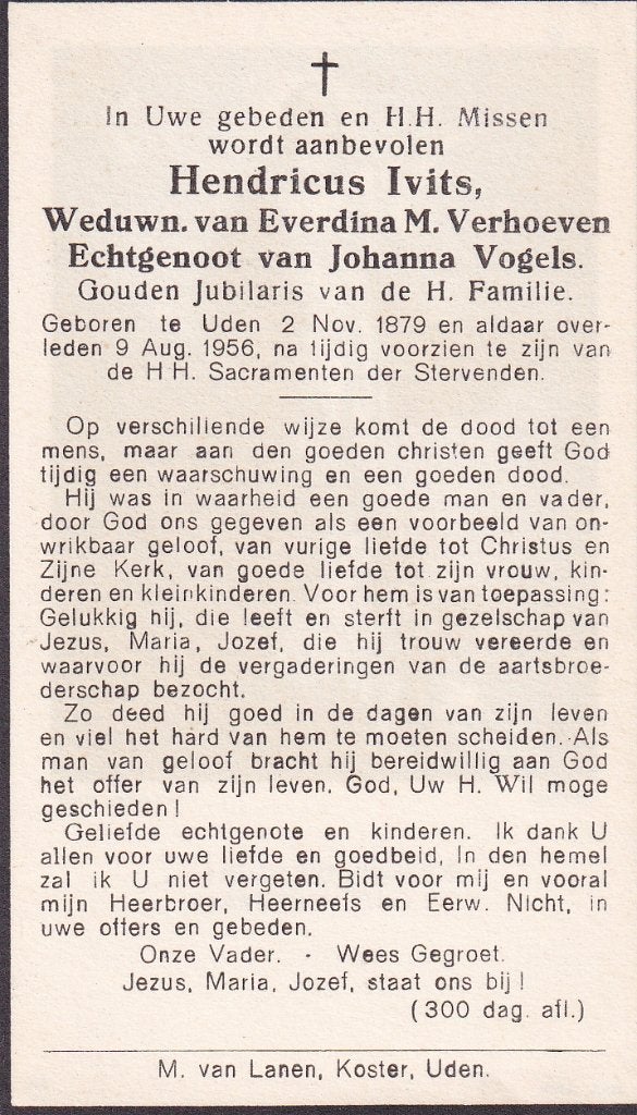 Ivits Hendricus 1879 Uden 1956, Verzamelen, Bidprentjes en Rouwkaarten, Ophalen of Verzenden, Bidprentje