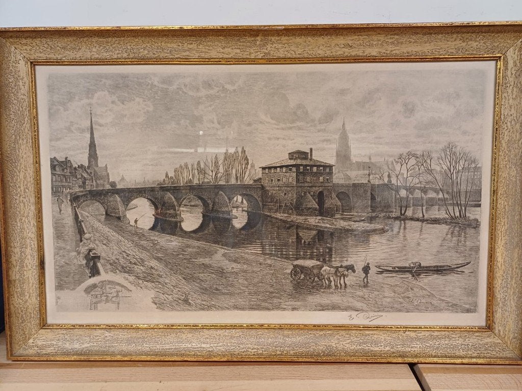 Ets - gezicht op de Oude Brug in Frankfurt - Eberhard Quirin, Antiek en Kunst, Ophalen of Verzenden, 57 cm, 90 cm, Ets