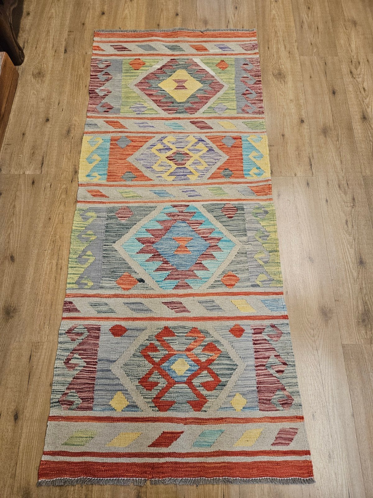 Handgeweven oosterse wollen kelim loper 194x84, Huis en Inrichting, Stoffering | Tapijten en Kleden, Info@SlatsAntiek.nl, Kelim