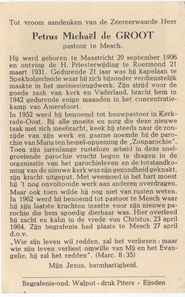 pastoor Petrus de Groot 1906 Maastricht + 1964 Mesch, 57 jr, Verzamelen, Ophalen of Verzenden