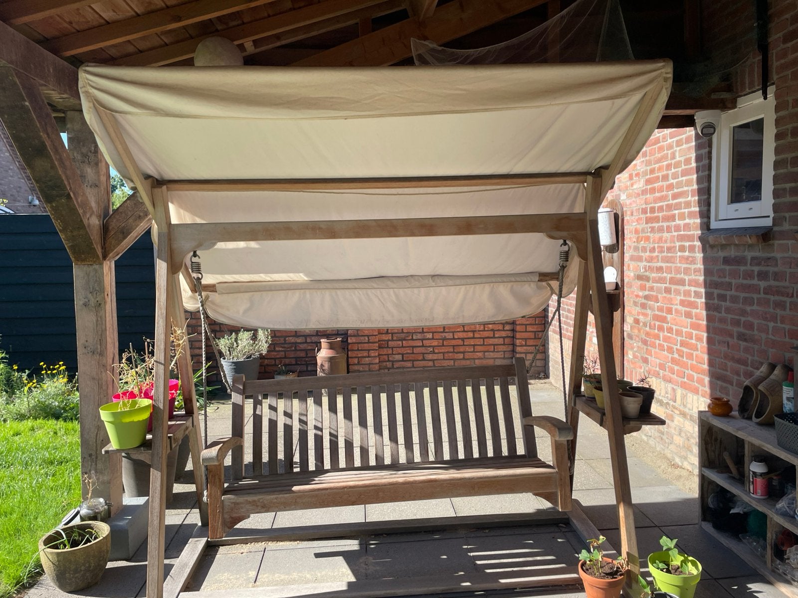 Schommelbank Teak & Garden, Tuin en Terras, Tuinsets en Loungesets, Ophalen, Gebruikt, 3 zitplaatsen, Teakhout