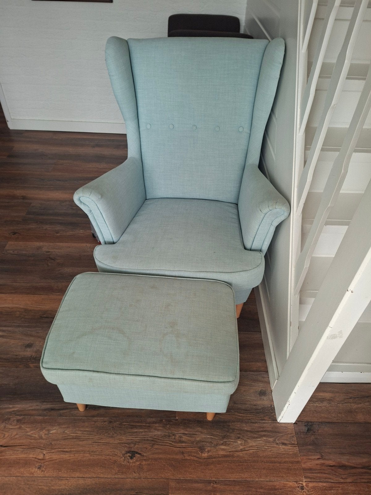 IKEA Fauteuil met poef - Lichtblauw, Huis en Inrichting, Gebruikt, 75 tot 100 cm, Ophalen of Verzenden, 75 tot 100 cm