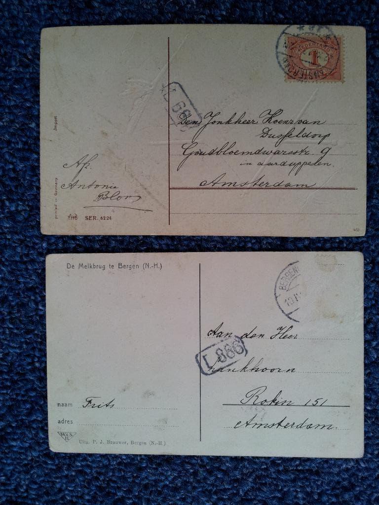 Ansichtkaarten oud. met handstempel boot, Bergen (N-H), Ophalen of Verzenden, Overige typen