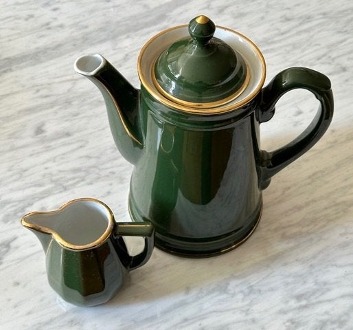 Koffiepot en roomkannetje melkkan empire groen gouden rand, Gebruikt, Overige typen, Ophalen of Verzenden, Overige stijlen