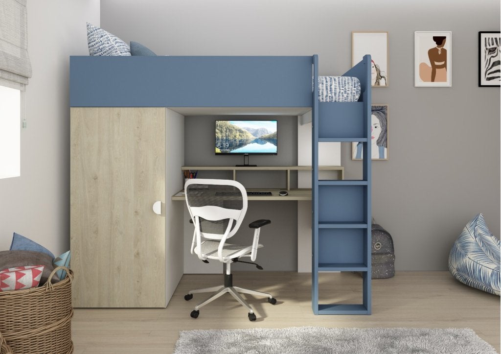 Flow hoogslaper met bureau en kast - 90x200 - Eiken/blauw, Niet ingevuld, Niet ingevuld, Niet ingevuld
