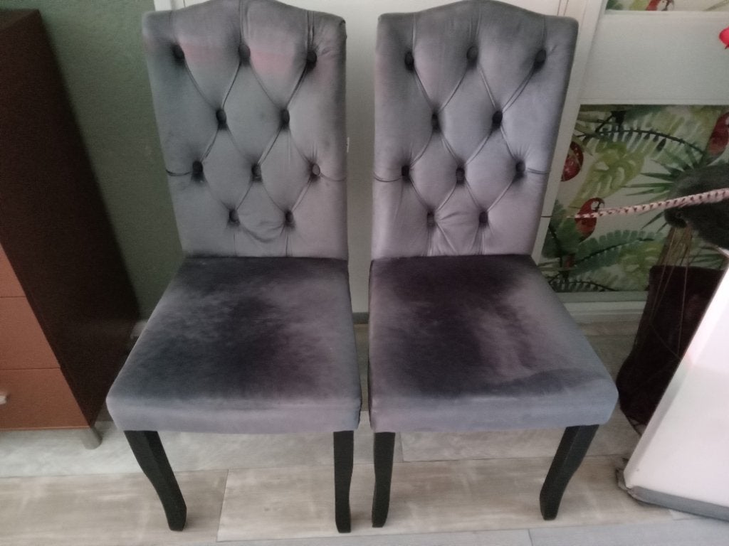 2x Grijze stoffen eetkamerstoelen, Huis en Inrichting, Stoelen, Ophalen, Gebruikt, Twee, Stof