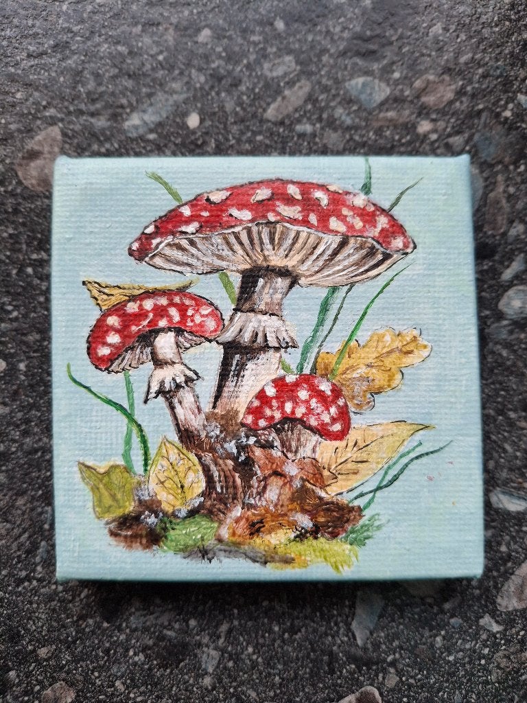 Klein schilderijtje Paddenstoelen, 7x7 cm, Ophalen, Minder dan 50 cm, Oorspronkelijke maker, Nieuw