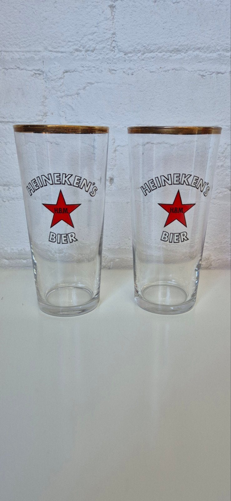 Vintage Heineken's Bier glazen H.B.M., Ophalen of Verzenden, Zo goed als nieuw, Glas of Glazen, Heineken