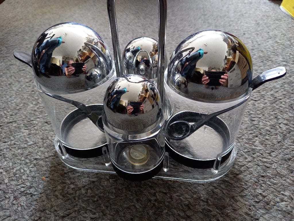 space age vintage kunststof tafelstel zout/peper/mosterd, Verzenden, Gebruikt, Kunststof