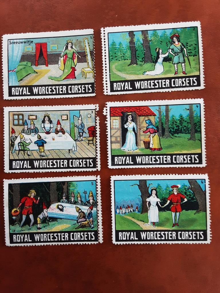 Sluitzegels serie van 6 Sneeuwwitje reclame Royal Worcester, Ophalen of Verzenden, Gebruikt