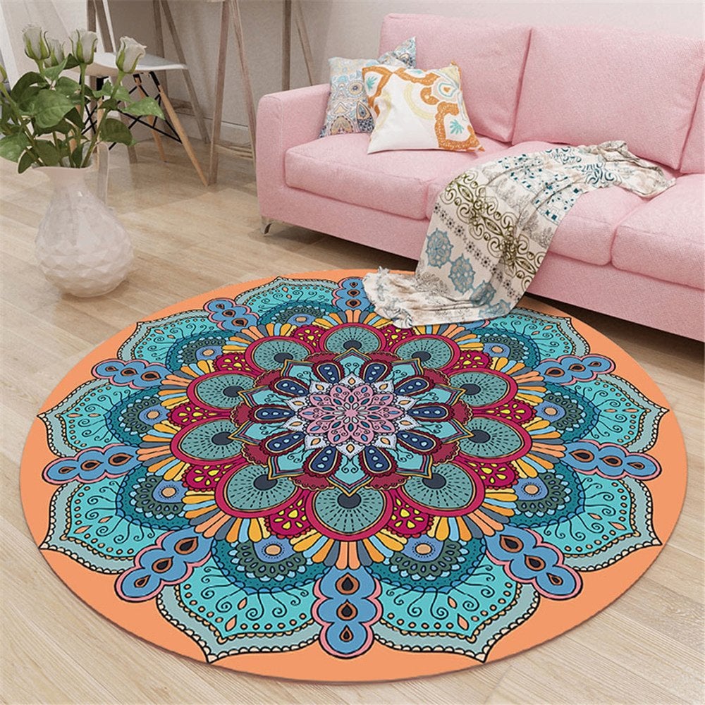 Oranje Mandala Rond Vloerkleed / Tapijt Mat Lotus India Yoga, Huis en Inrichting, Verzenden, Nieuw, Rond, 100 tot 150 cm