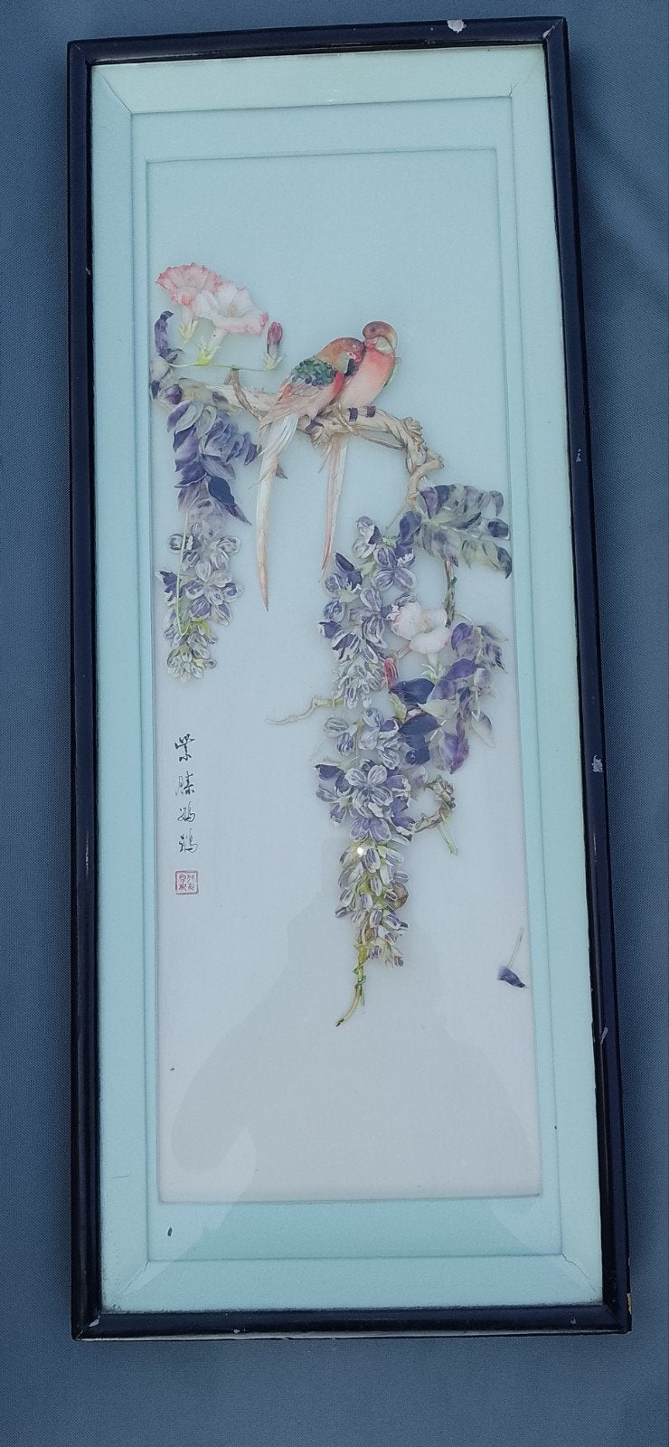 Chinees wanddecoratie met vogels en bloemen, 80x32 cm, Wanddecoratie, Ingelijst, China, Meerkleurig