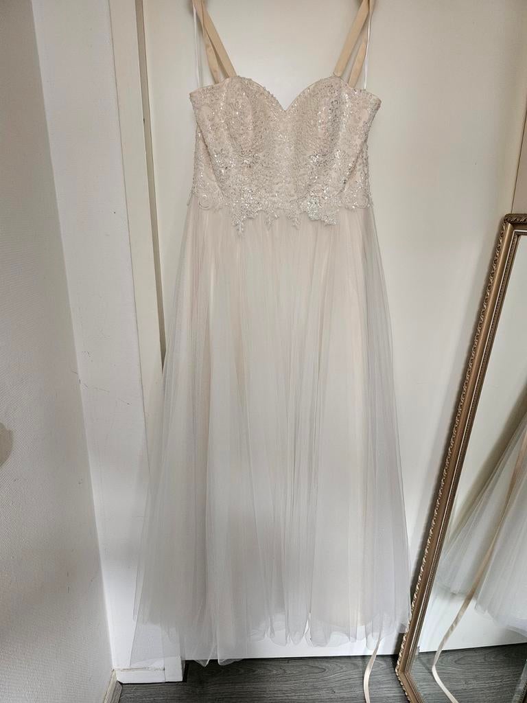 Nieuwe trouwjurk crème met glitter tule, maat 42/44, Ophalen of Verzenden