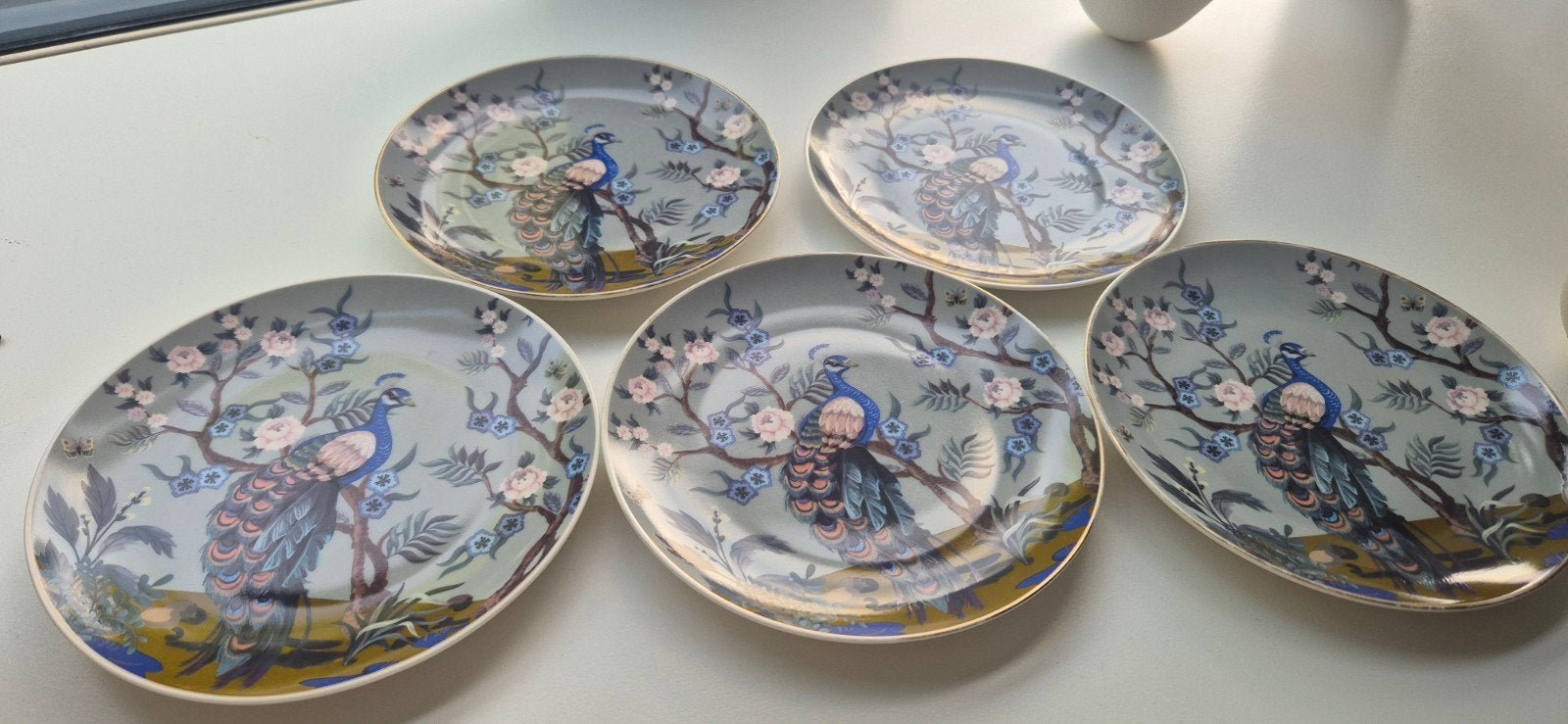 Set van 5 Siaki Collection ontbijtborden met pauwprint, Huis en Inrichting, Ophalen, Overige merken, Keramiek, Zo goed als nieuw