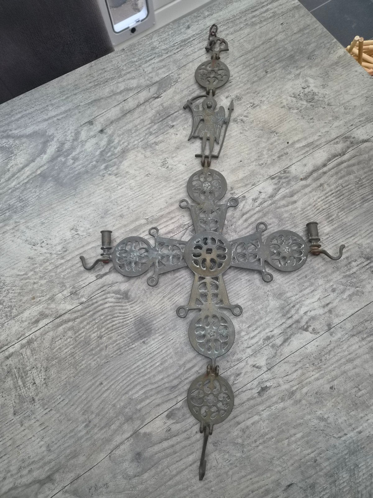 Antieke bronzen engel met speer en zeis, Ophalen of Verzenden