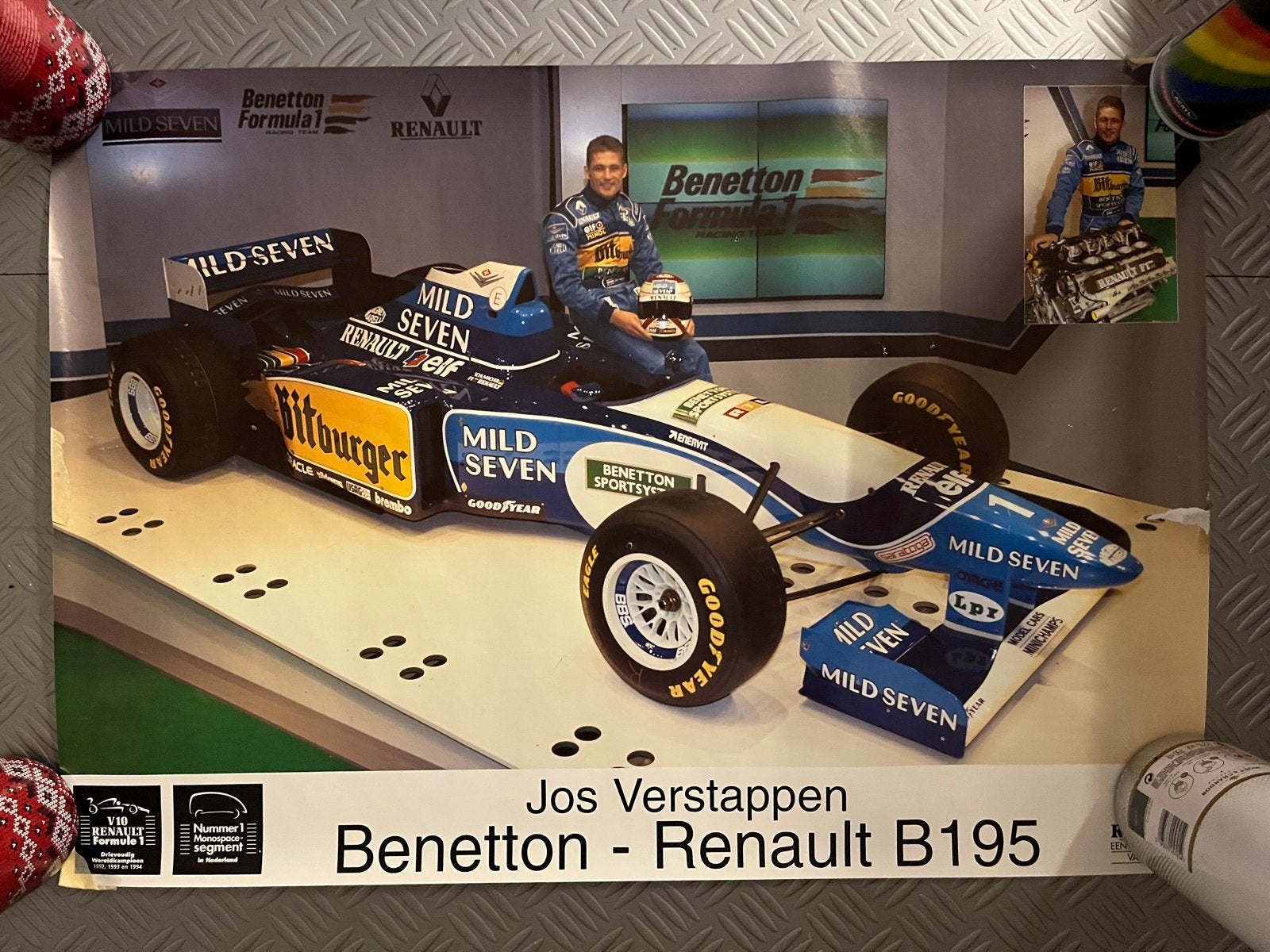 4 Jos Verstappen F1 posters: Benetton B195, B194 en Simtek, Ophalen of Verzenden, Sport, A1 t/m A3, Rechthoekig Staand
