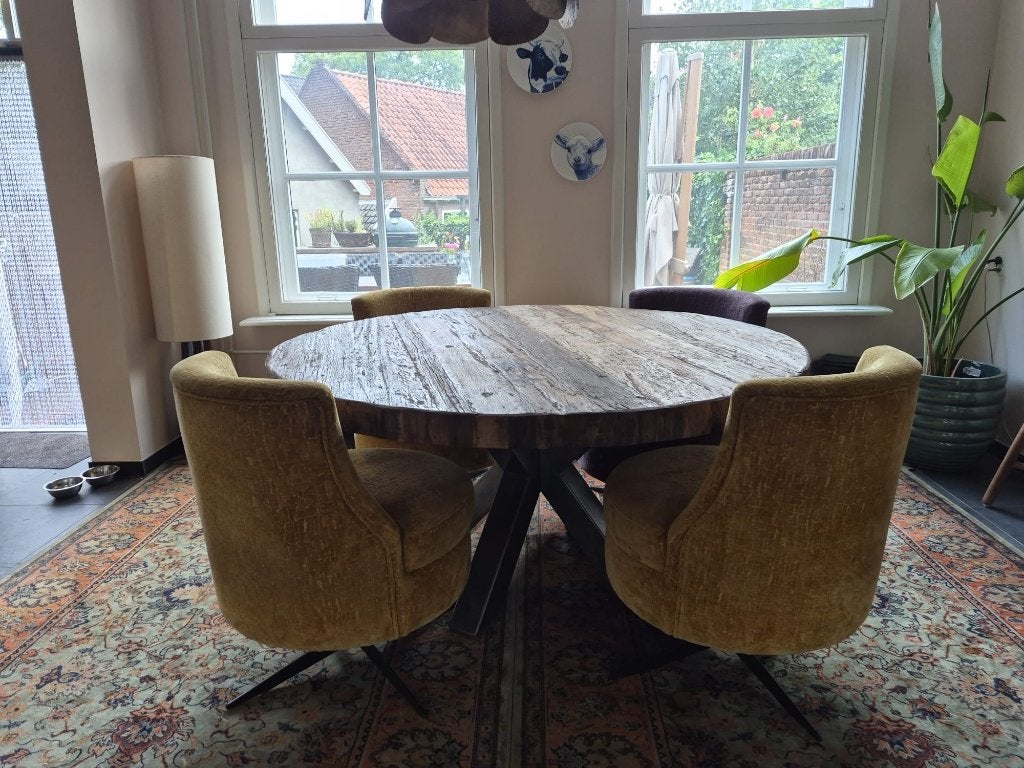 Robuuste ronde eettafel Ø160 cm – dik rustiek houten blad, Huis en Inrichting, Tafels | Eettafels, Ophalen, 150 tot 200 cm, Rond