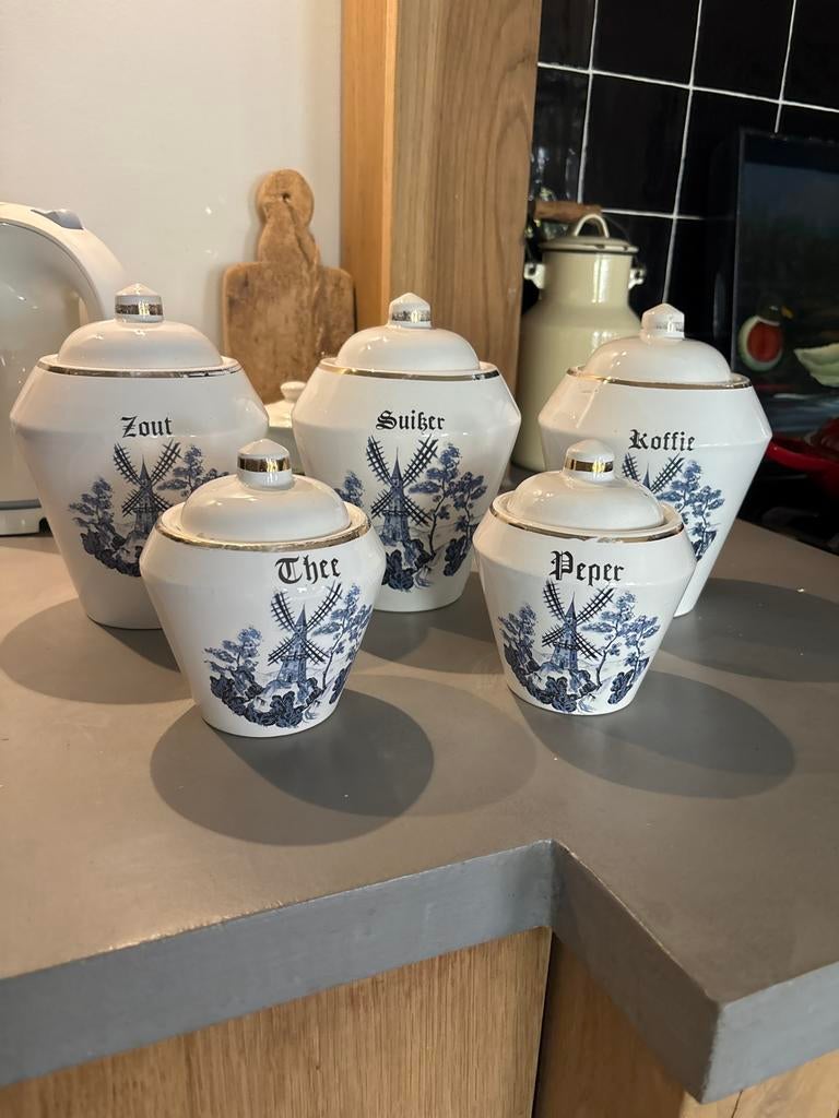 Set van 5 Delfts blauwe voorraadpotten met molen decor, Antiek en Kunst, Ophalen of Verzenden