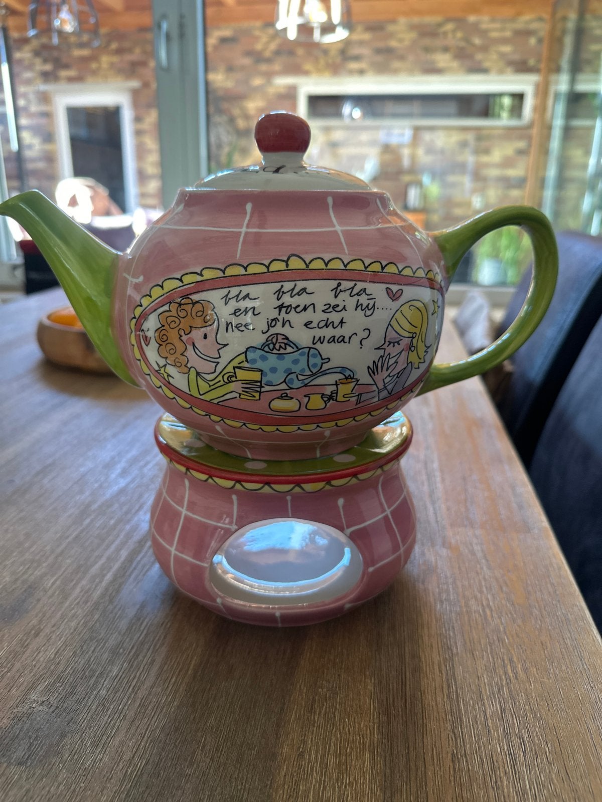 Blond Amsterdam theepot met theelichtje - Roze/Groen, Zo goed als nieuw, Roze, Steen/keramiek, Ophalen