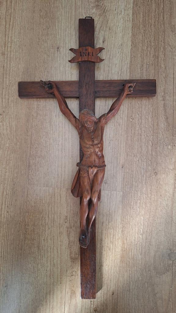 Antieke houten corpus op houten kruis,  zie foto's, Ophalen of Verzenden