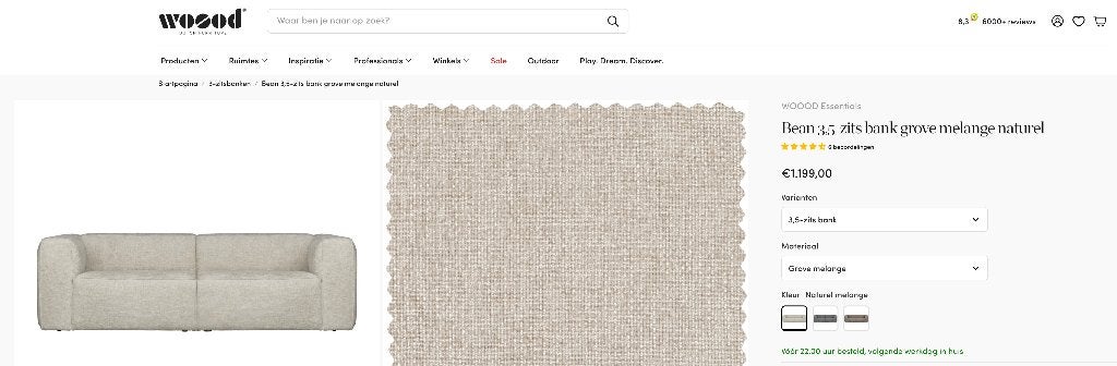 WOOOD Bean 3,5-zits bank (naturel melange), 4 maanden oud., Ophalen, Hout, Driepersoons, 75 tot 100 cm