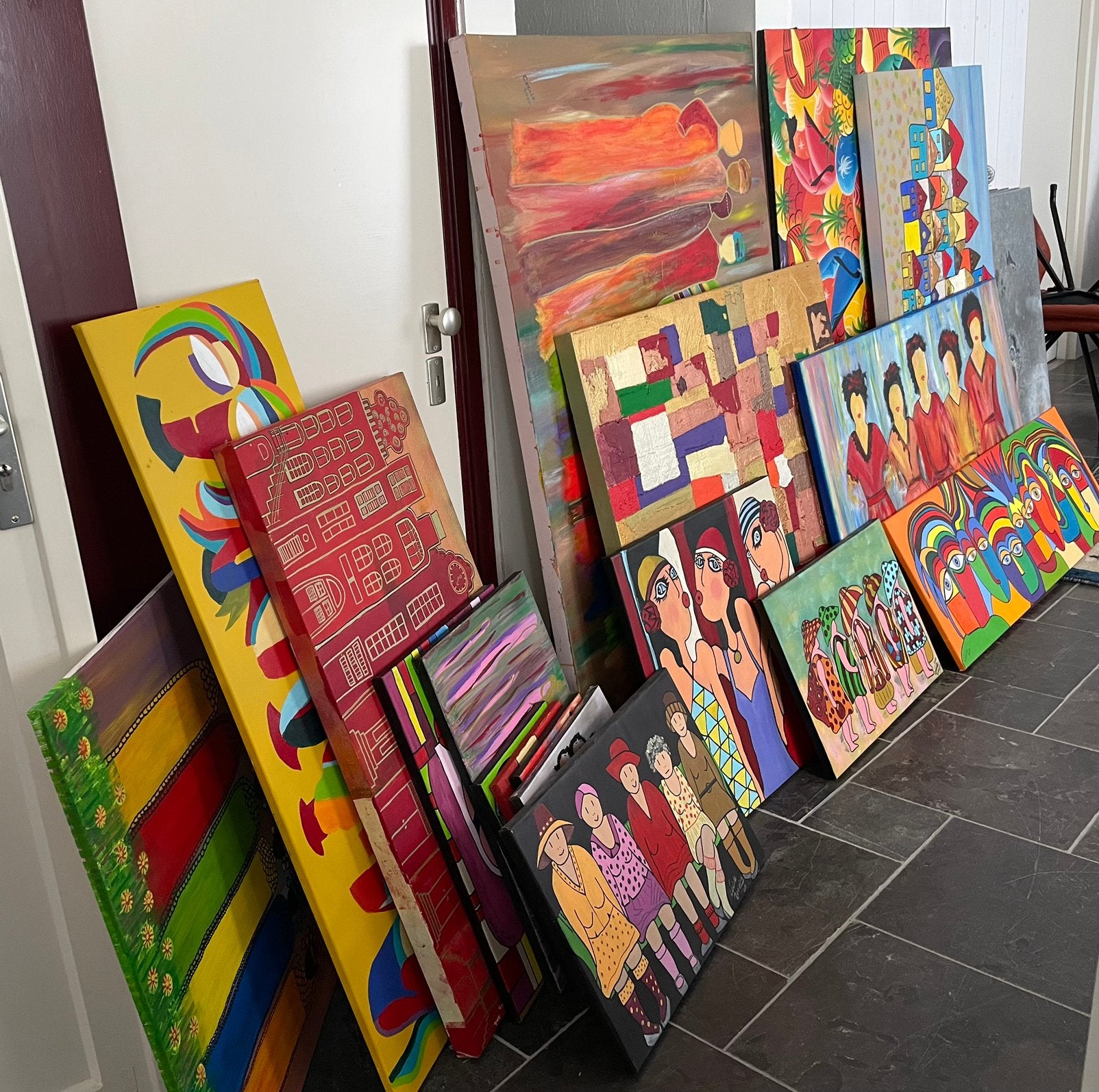 Verzameling kleurrijke schilderijen canvas  acryldoeken, Antiek en Kunst, Ophalen