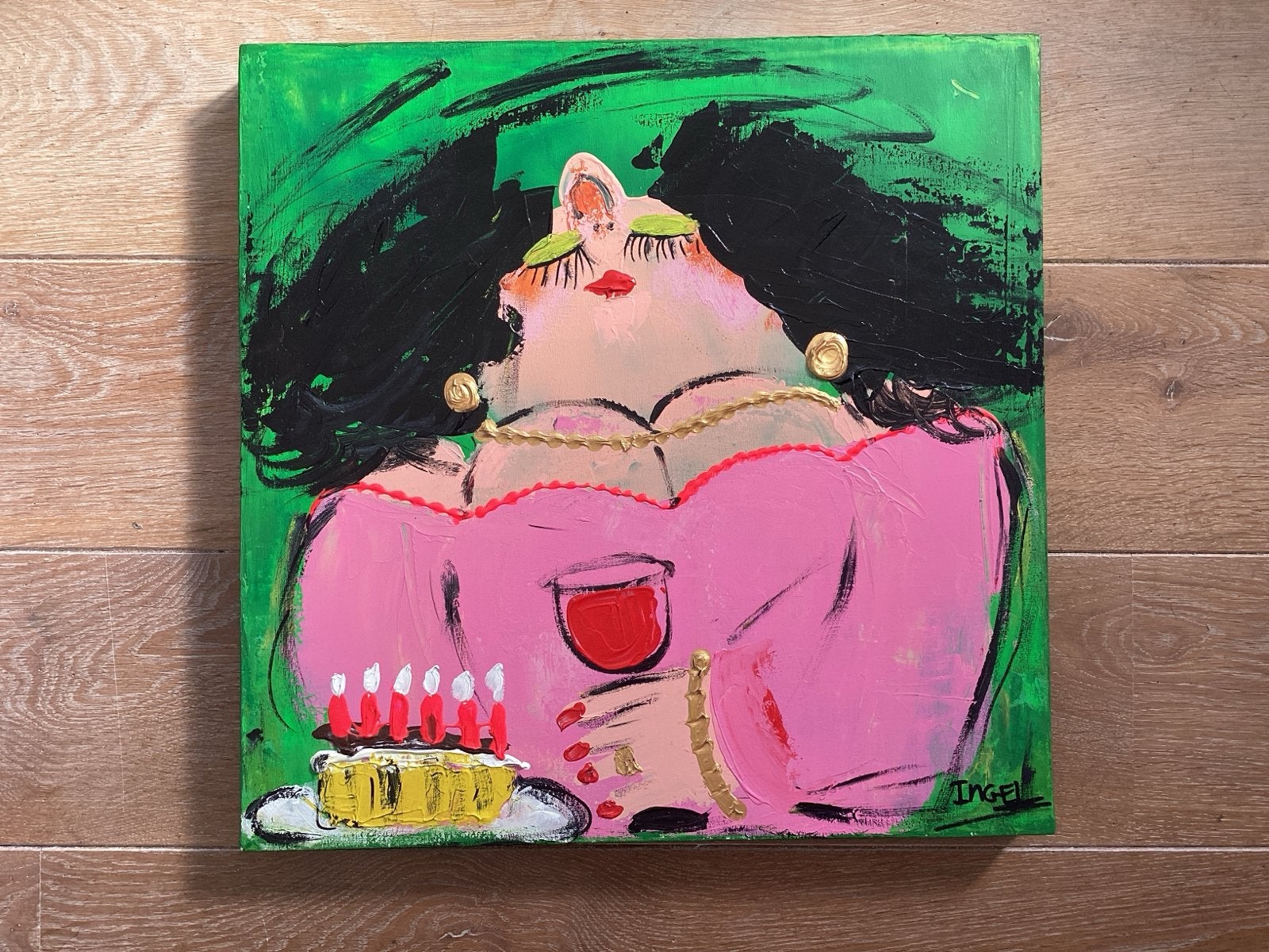 Vrolijk schilderij van Inge L. - Vrouw met taart en wijn, Antiek en Kunst, Ophalen